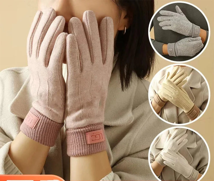 Person wearing pink gloves with a brand logo, surrounded by close-up insets of different gloves.